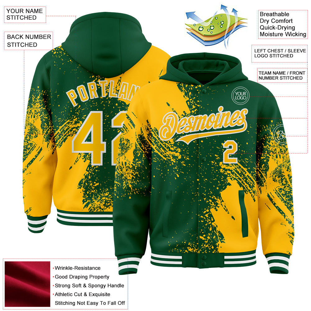 Custom Kelly Green Gold-White Abstract Brush Stroke 3D Pattern Design Bomber Full-Snap Varsity Letterman Hoodie Jacket