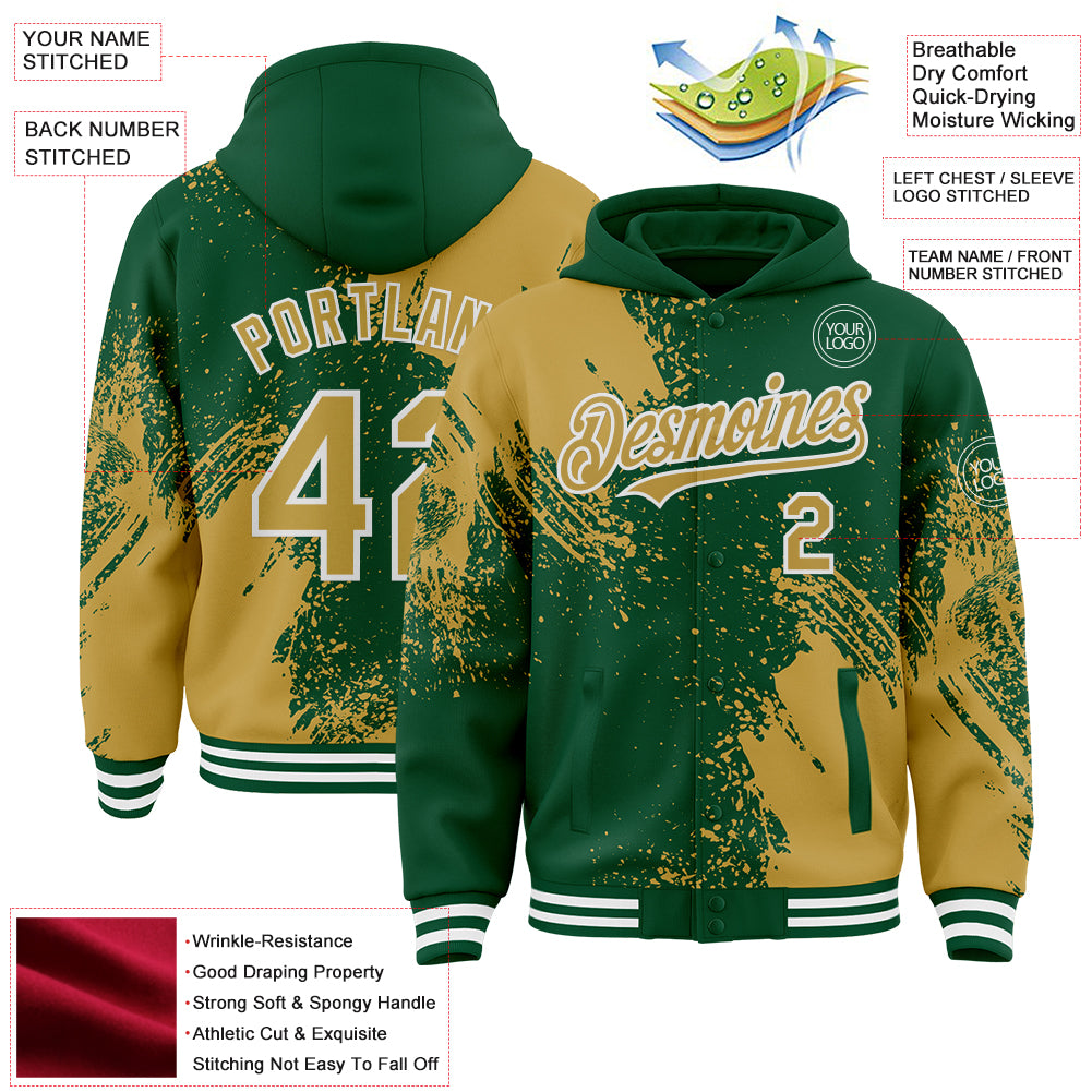 Custom Kelly Green Old Gold-White Abstract Brush Stroke 3D Pattern Design Bomber Full-Snap Varsity Letterman Hoodie Jacket