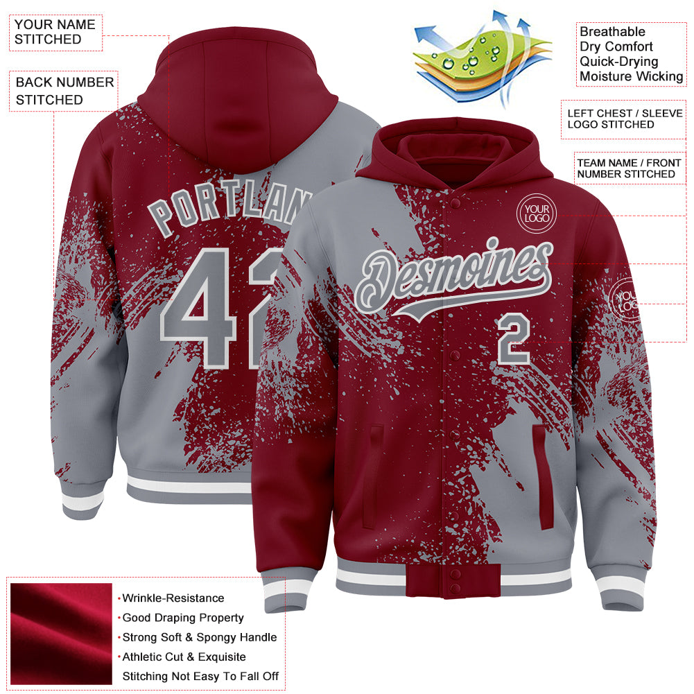 Custom Crimson Gray-White Abstract Brush Stroke 3D Pattern Design Bomber Full-Snap Varsity Letterman Hoodie Jacket