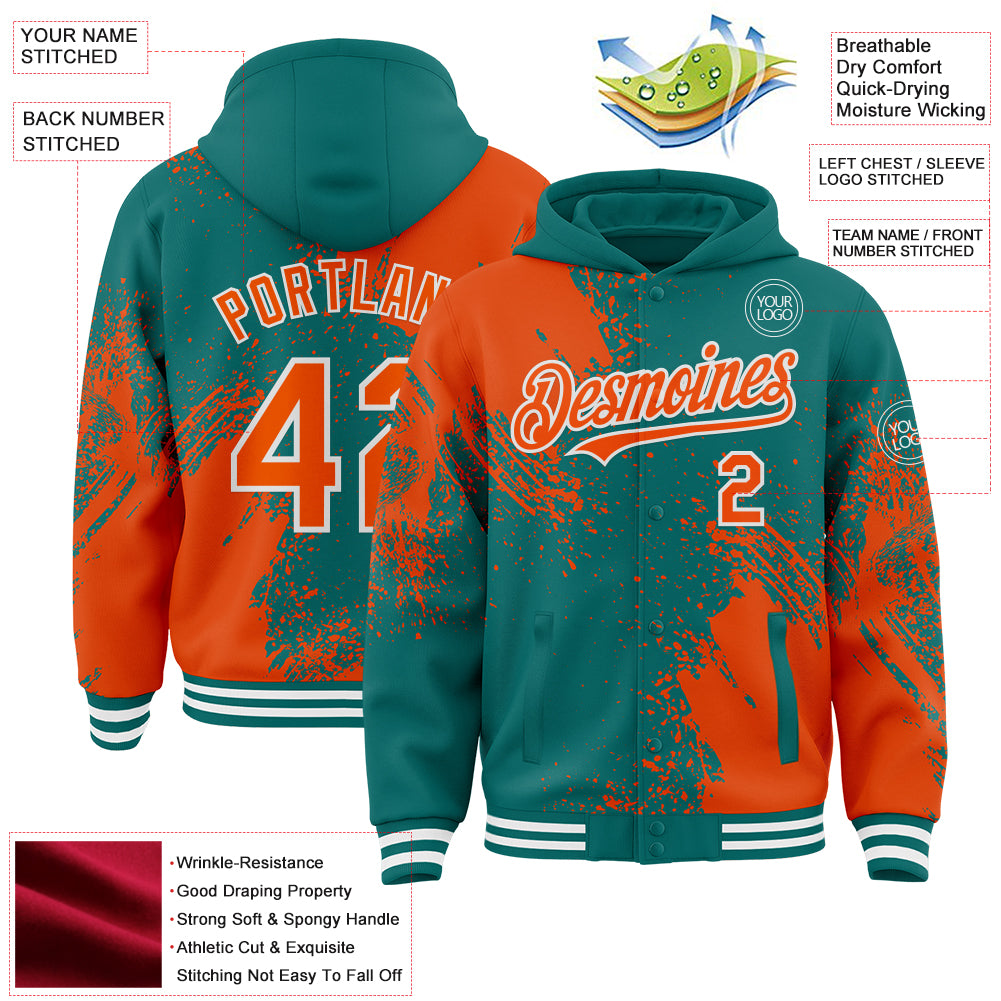 Custom Teal Orange-White Abstract Brush Stroke 3D Pattern Design Bomber Full-Snap Varsity Letterman Hoodie Jacket