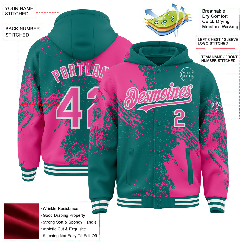 Custom Teal Pink-White Abstract Brush Stroke 3D Pattern Design Bomber Full-Snap Varsity Letterman Hoodie Jacket