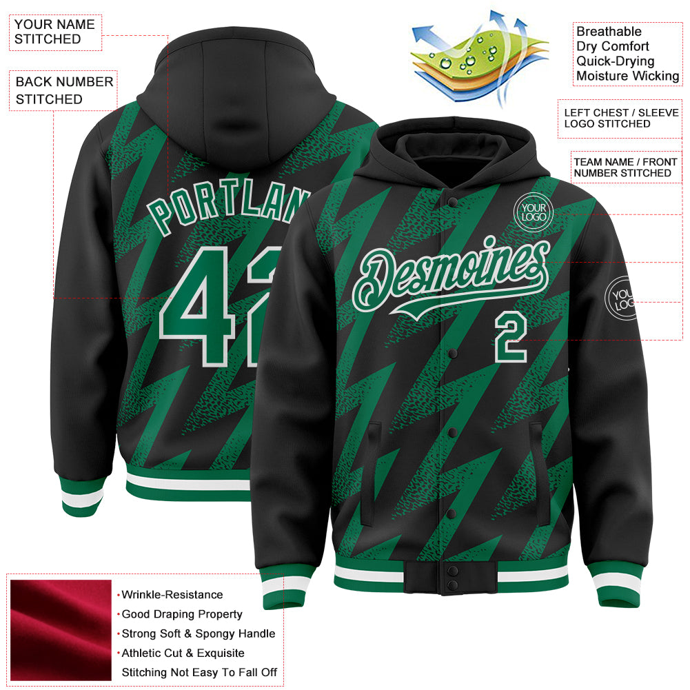 Custom Black Kelly Green-White Zigzag Shape 3D Pattern Design Bomber Full-Snap Varsity Letterman Hoodie Jacket