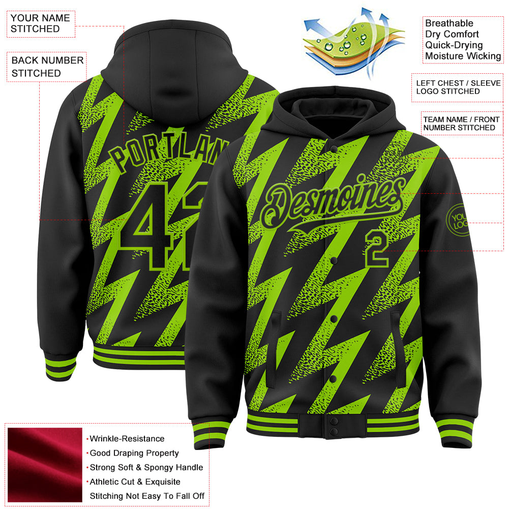 Custom Black Neon Green Zigzag Shape 3D Pattern Design Bomber Full-Snap Varsity Letterman Hoodie Jacket
