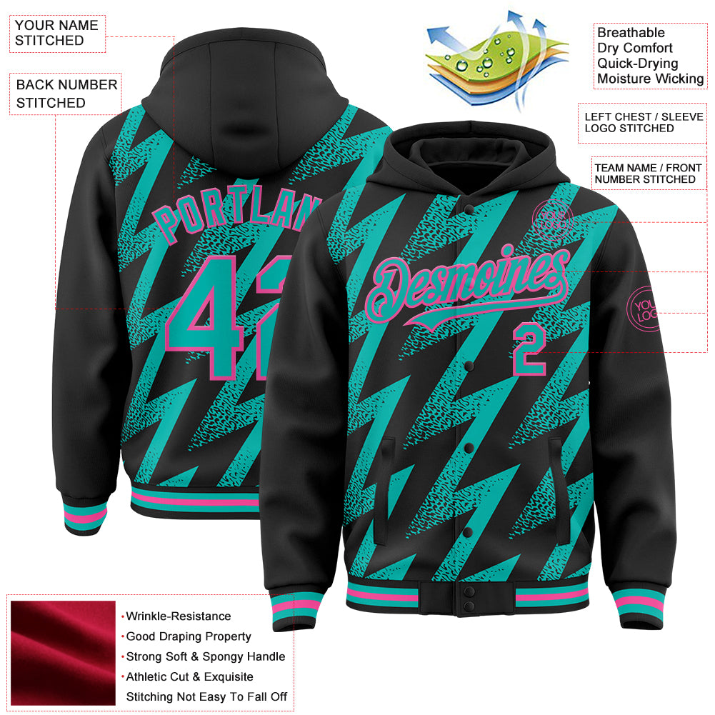 Custom Black Aqua-Pink Zigzag Shape 3D Pattern Design Bomber Full-Snap Varsity Letterman Hoodie Jacket