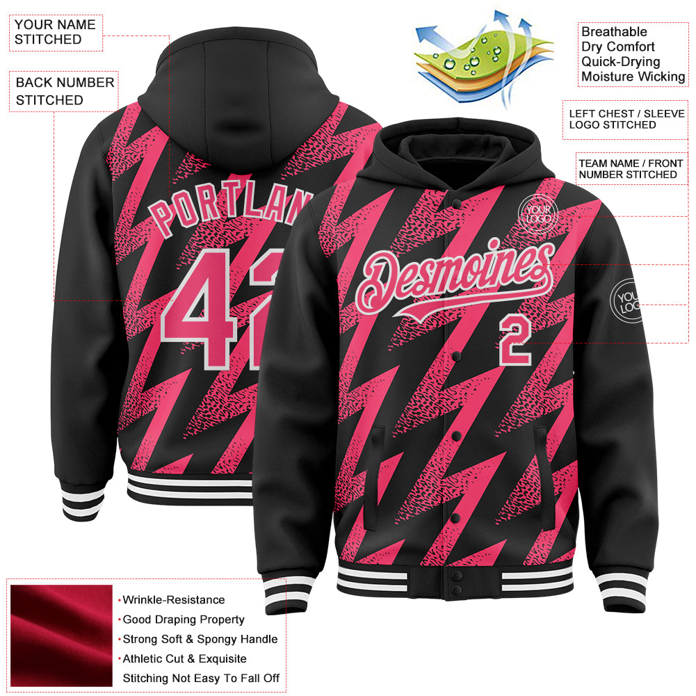 Custom Black Neon Pink-White Zigzag Shape 3D Pattern Design Bomber Full-Snap Varsity Letterman Hoodie Jacket