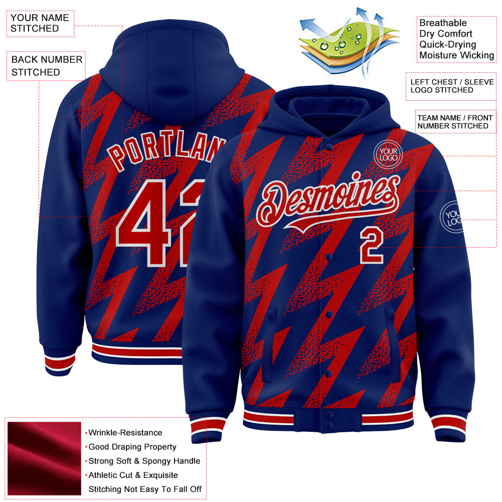 Custom Royal Red-White Zigzag Shape 3D Pattern Design Bomber Full-Snap Varsity Letterman Hoodie Jacket