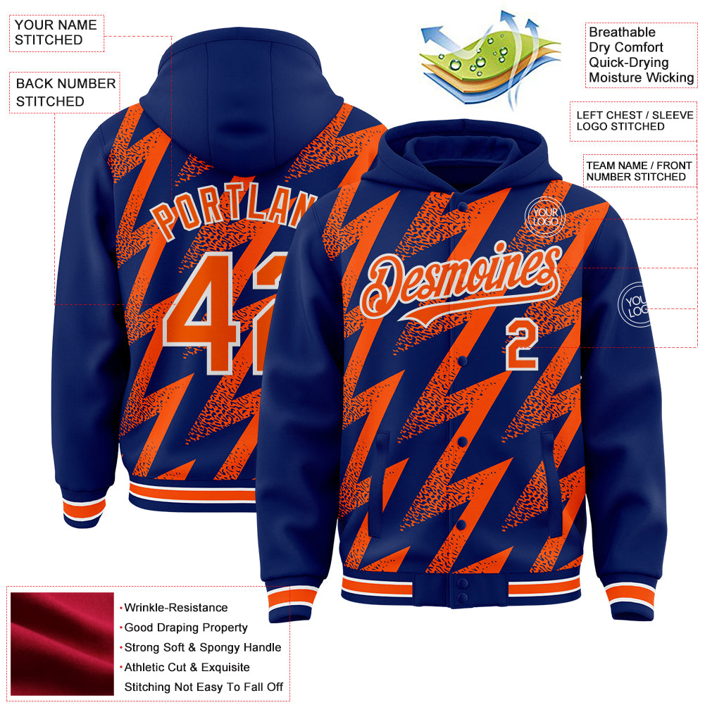 Custom Royal Orange-White Zigzag Shape 3D Pattern Design Bomber Full-Snap Varsity Letterman Hoodie Jacket