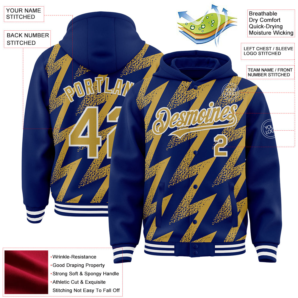 Custom Royal Old Gold-White Zigzag Shape 3D Pattern Design Bomber Full-Snap Varsity Letterman Hoodie Jacket