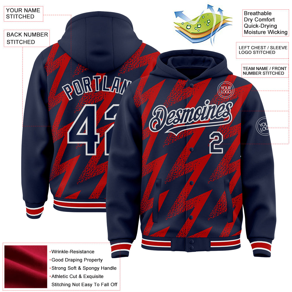 Custom Navy Red-White Zigzag Shape 3D Pattern Design Bomber Full-Snap Varsity Letterman Hoodie Jacket