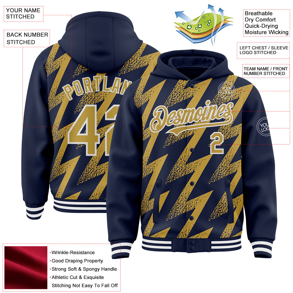 Custom Navy Old Gold-White Zigzag Shape 3D Pattern Design Bomber Full-Snap Varsity Letterman Hoodie Jacket