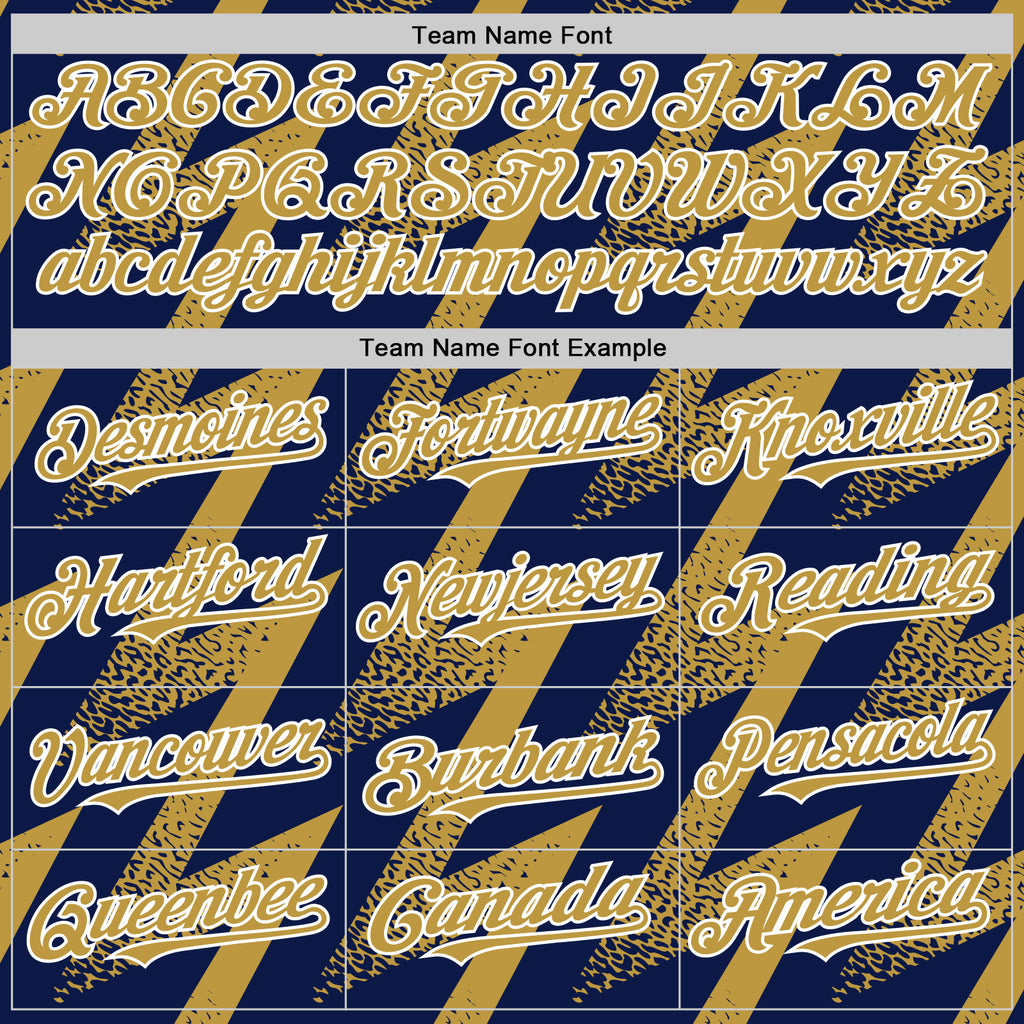 Custom Navy Old Gold-White Zigzag Shape 3D Pattern Design Bomber Full-Snap Varsity Letterman Hoodie Jacket