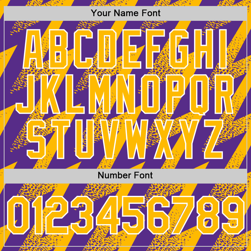 Custom Purple Gold-White Zigzag Shape 3D Pattern Design Bomber Full-Snap Varsity Letterman Hoodie Jacket