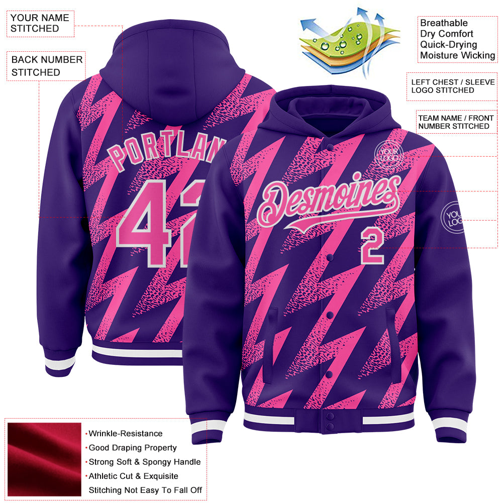 Custom Purple Pink-White Zigzag Shape 3D Pattern Design Bomber Full-Snap Varsity Letterman Hoodie Jacket