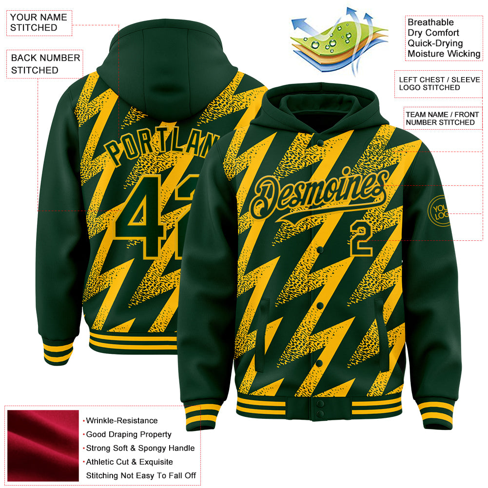 Custom Green Gold Zigzag Shape 3D Pattern Design Bomber Full-Snap Varsity Letterman Hoodie Jacket