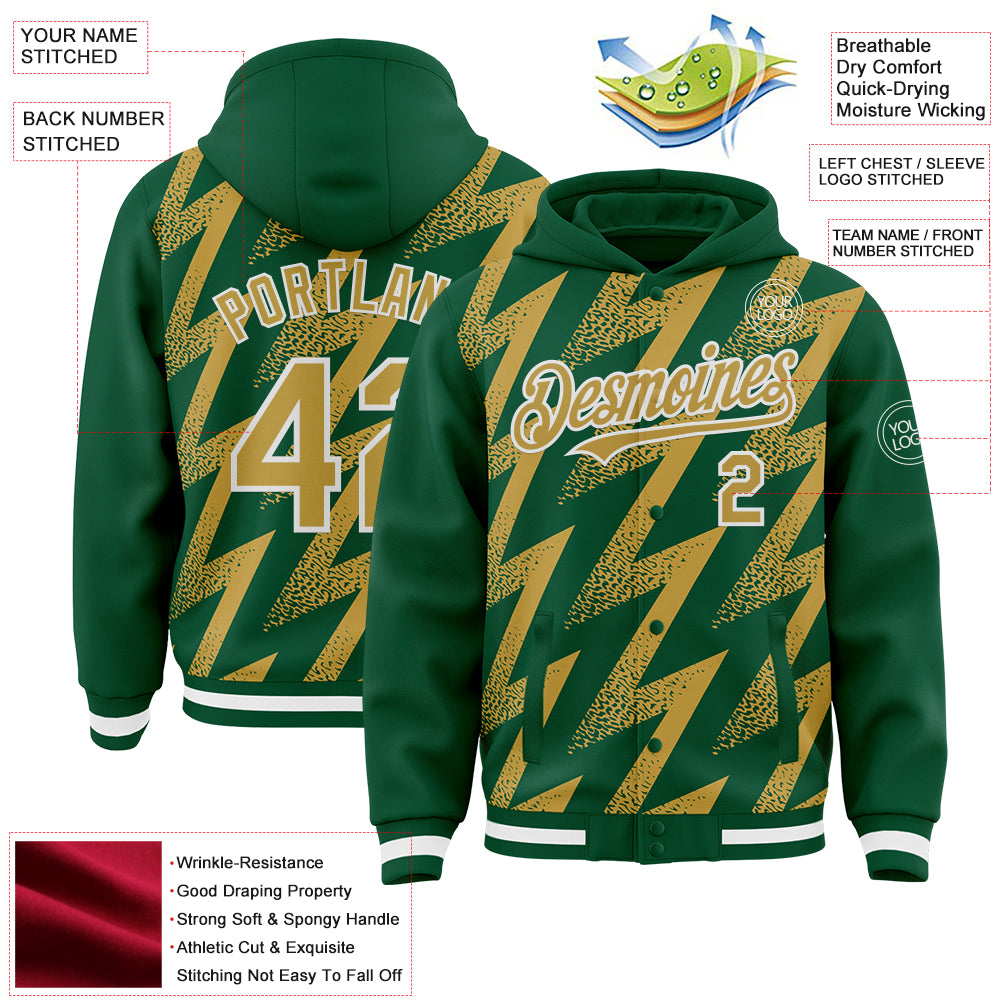 Custom Kelly Green Old Gold-White Zigzag Shape 3D Pattern Design Bomber Full-Snap Varsity Letterman Hoodie Jacket