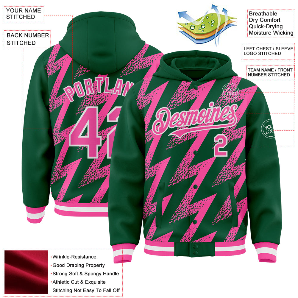 Custom Kelly Green Pink-White Zigzag Shape 3D Pattern Design Bomber Full-Snap Varsity Letterman Hoodie Jacket