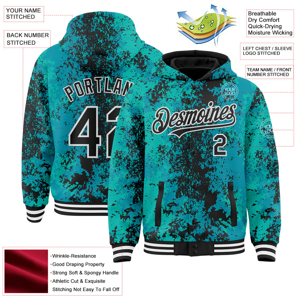 Custom Teal Black-White 3D Pattern Design Bomber Full-Snap Varsity Letterman Hoodie Jacket