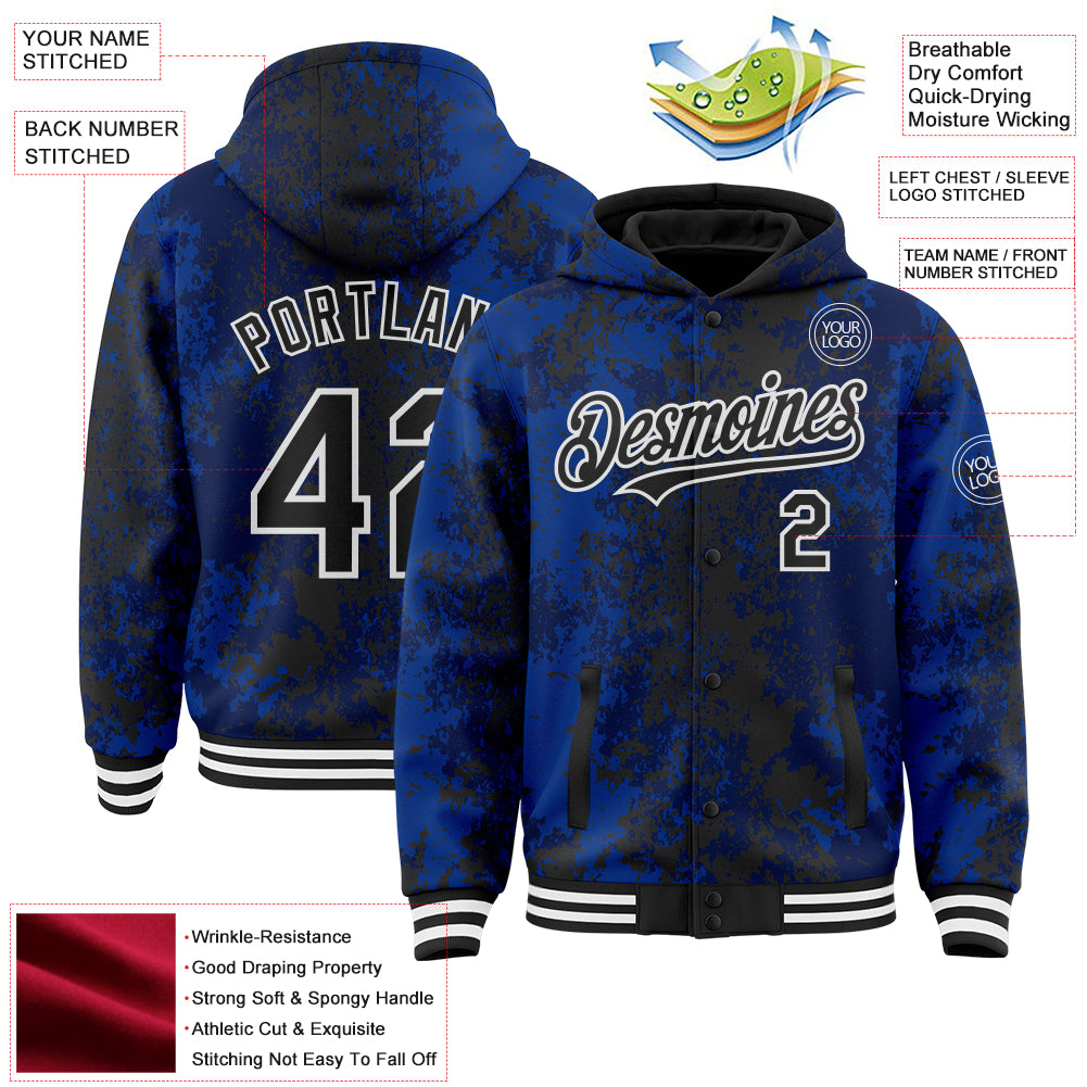 Custom Royal Black-White 3D Pattern Design Bomber Full-Snap Varsity Letterman Hoodie Jacket