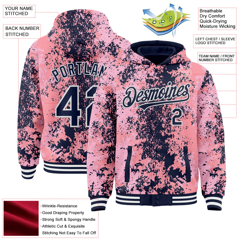 Custom Pink Navy-White 3D Pattern Design Bomber Full-Snap Varsity Letterman Hoodie Jacket