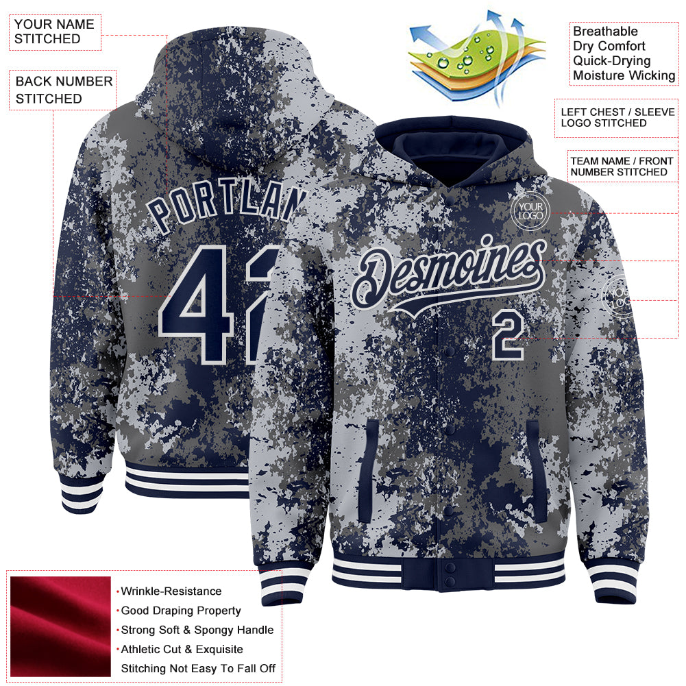 Custom Gray Navy-White 3D Pattern Design Bomber Full-Snap Varsity Letterman Hoodie Jacket