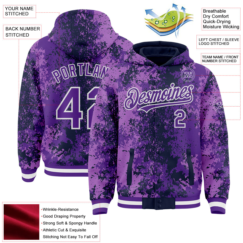 Custom Navy Purple-White 3D Pattern Design Bomber Full-Snap Varsity Letterman Hoodie Jacket
