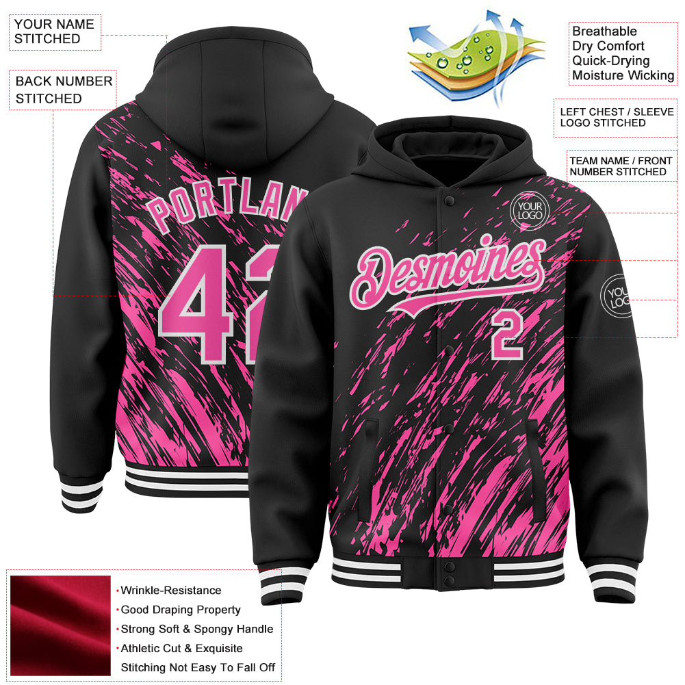 Custom Black Pink-White 3D Pattern Design Bomber Full-Snap Varsity Letterman Hoodie Jacket
