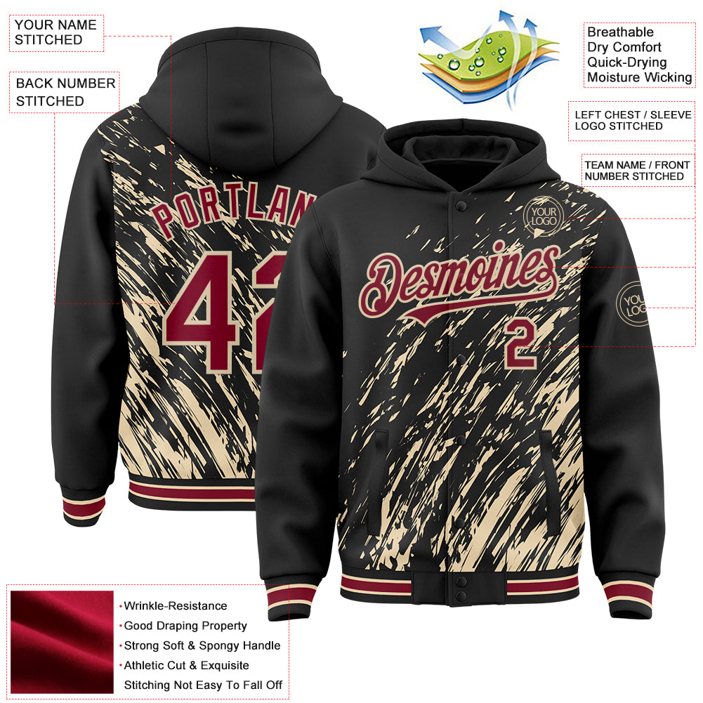 Custom Black Crimson-City Cream 3D Pattern Design Bomber Full-Snap Varsity Letterman Hoodie Jacket