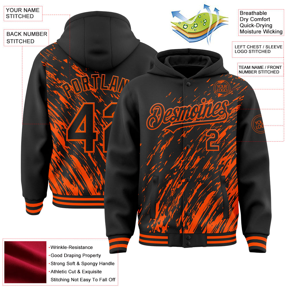Custom Black Black-Orange 3D Pattern Design Bomber Full-Snap Varsity Letterman Hoodie Jacket