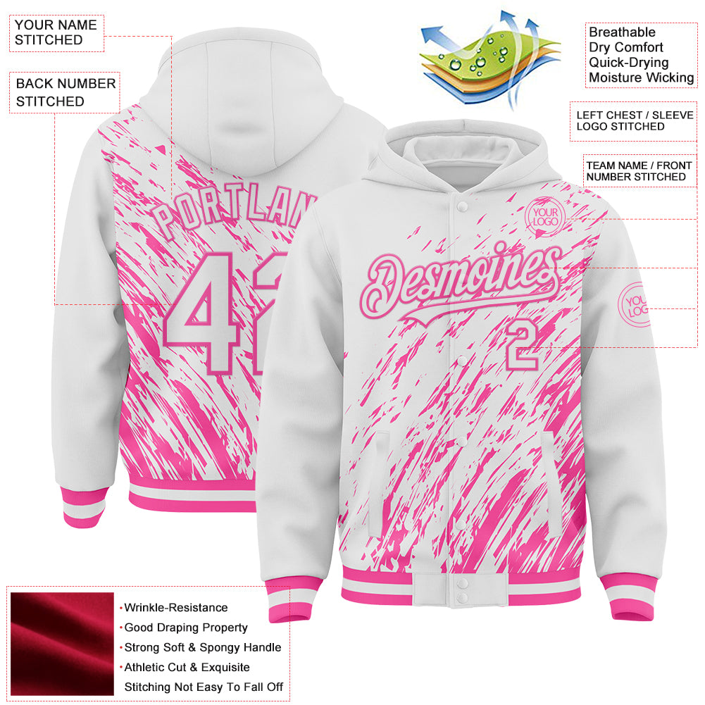 Custom White White-Pink 3D Pattern Design Bomber Full-Snap Varsity Letterman Hoodie Jacket