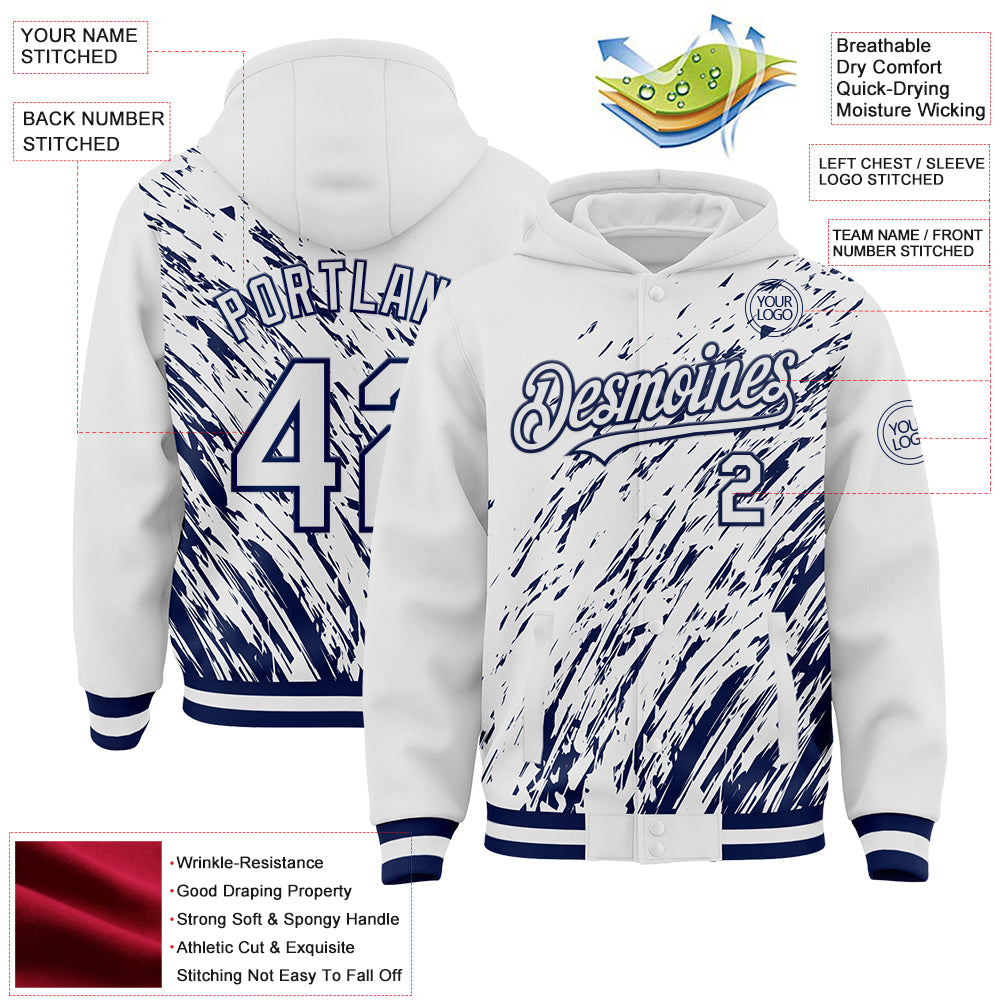 Custom White White-Navy 3D Pattern Design Bomber Full-Snap Varsity Letterman Hoodie Jacket