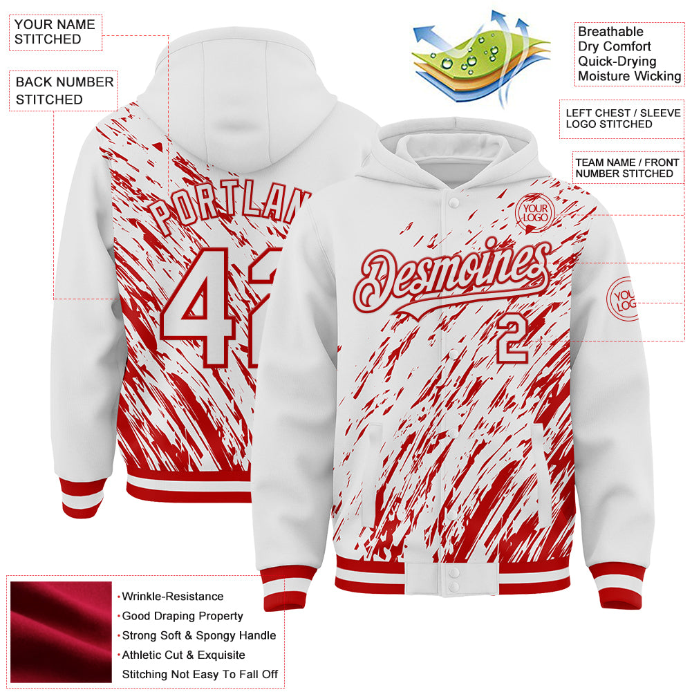 Custom White White-Red 3D Pattern Design Bomber Full-Snap Varsity Letterman Hoodie Jacket