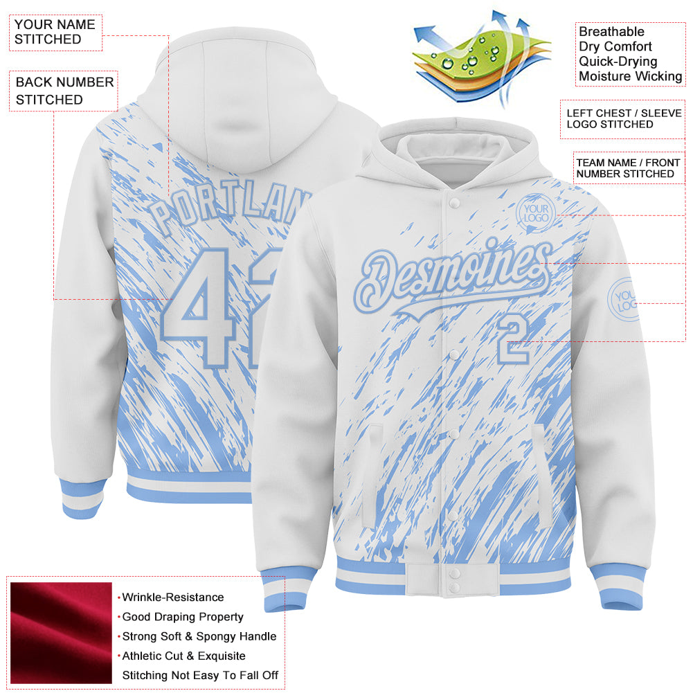 Custom White White-Light Blue 3D Pattern Design Bomber Full-Snap Varsity Letterman Hoodie Jacket