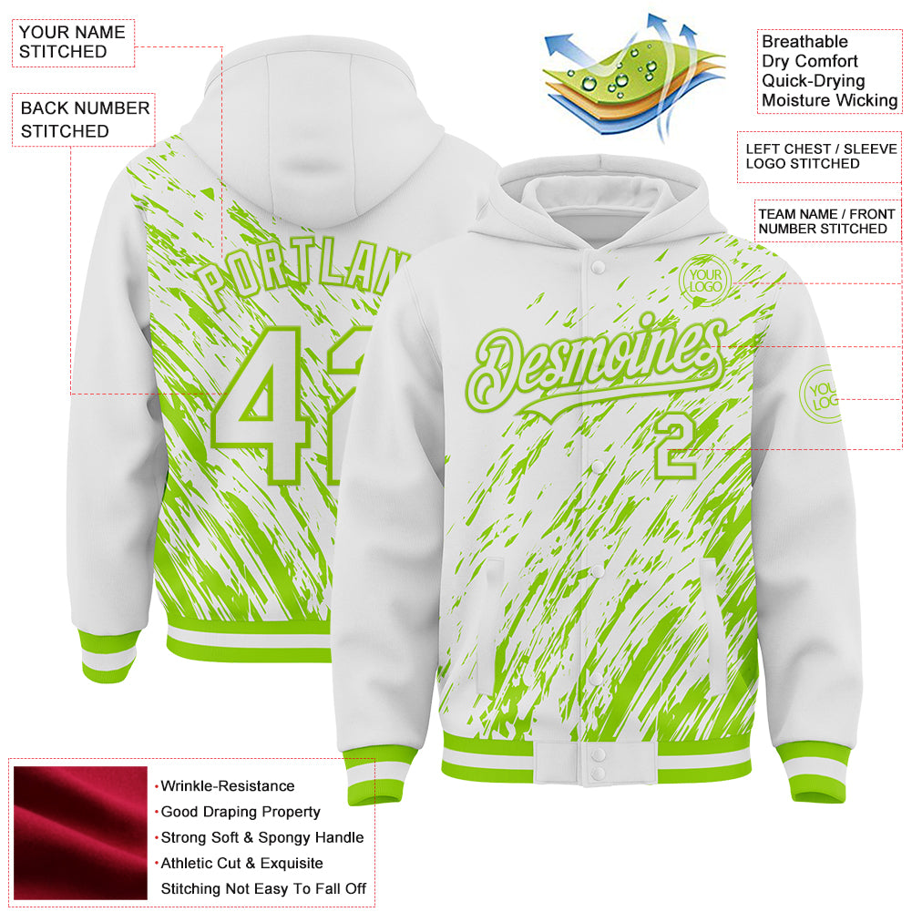 Custom White White-Neon Green 3D Pattern Design Bomber Full-Snap Varsity Letterman Hoodie Jacket