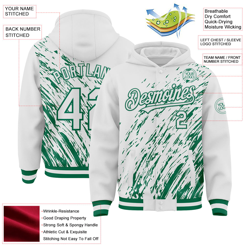 Custom White White-Kelly Green 3D Pattern Design Bomber Full-Snap Varsity Letterman Hoodie Jacket