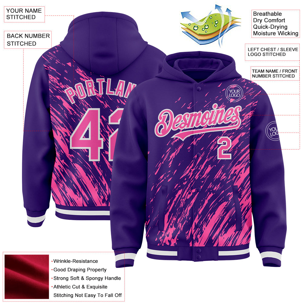 Custom Purple Pink-White 3D Pattern Design Bomber Full-Snap Varsity Letterman Hoodie Jacket