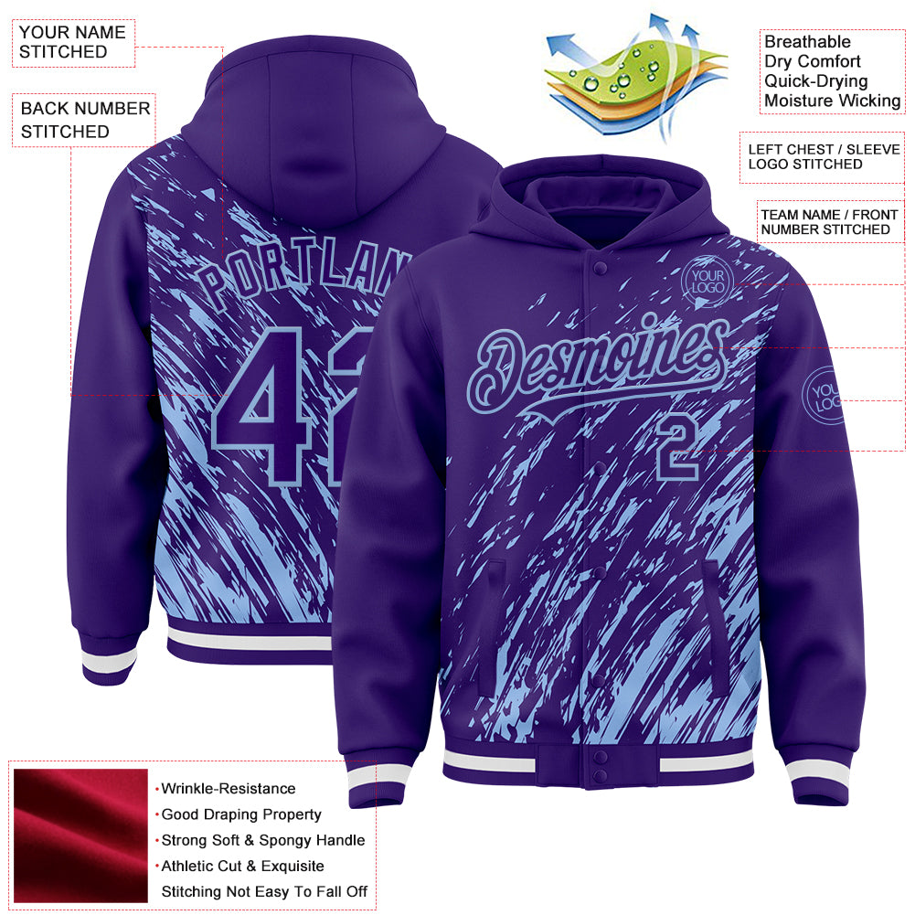 Custom Purple Purple-Light Blue 3D Pattern Design Bomber Full-Snap Varsity Letterman Hoodie Jacket