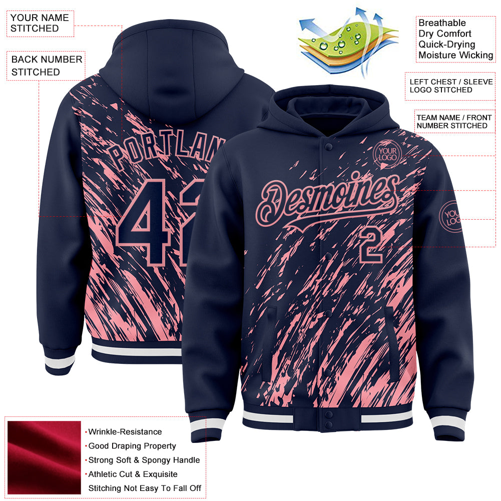 Custom Navy Navy-Medium Pink 3D Pattern Design Bomber Full-Snap Varsity Letterman Hoodie Jacket
