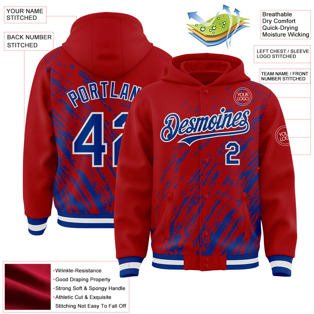 Custom Red Royal-White 3D Pattern Design Bomber Full-Snap Varsity Letterman Hoodie Jacket