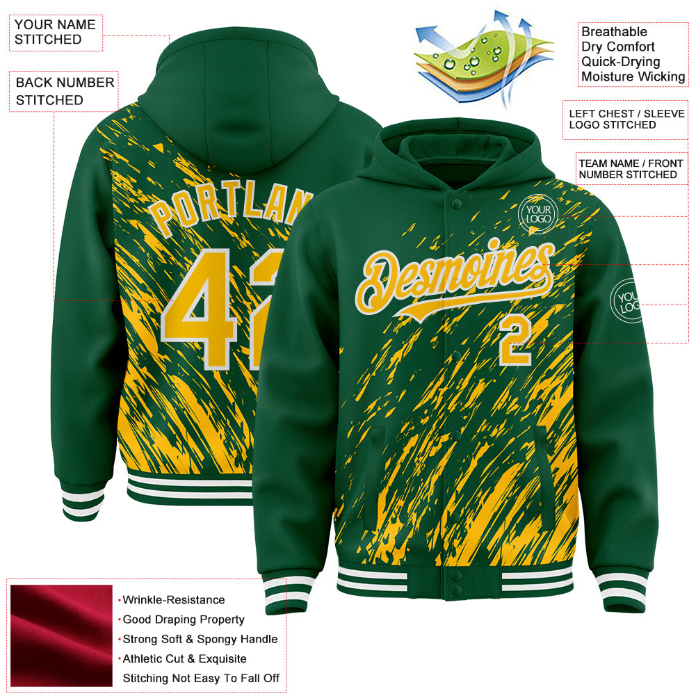 Custom Kelly Green Gold-White 3D Pattern Design Bomber Full-Snap Varsity Letterman Hoodie Jacket