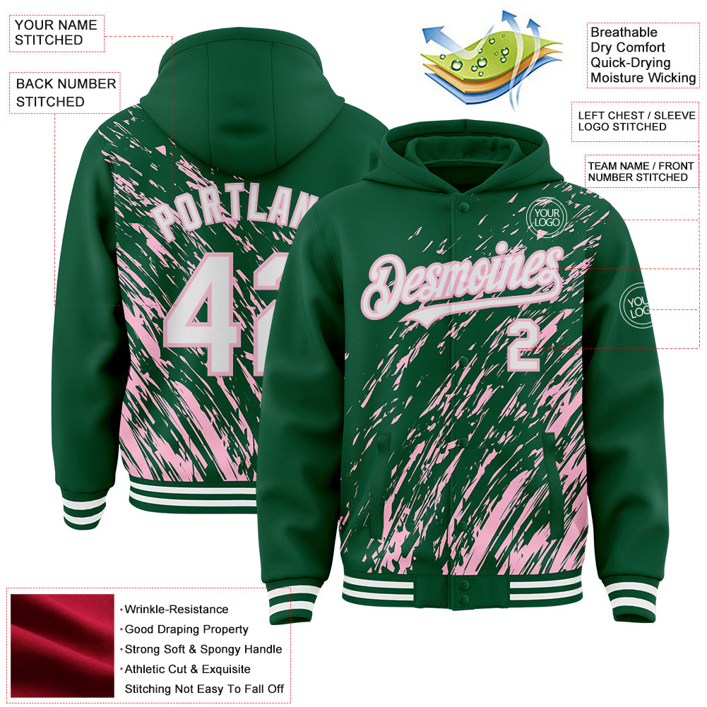 Custom Kelly Green White-Light Pink 3D Pattern Design Bomber Full-Snap Varsity Letterman Hoodie Jacket