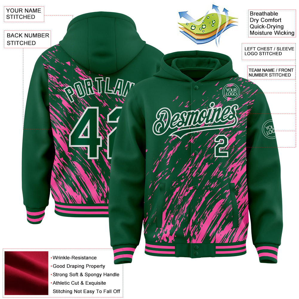 Custom Pink Kelly Green-White 3D Pattern Design Bomber Full-Snap Varsity Letterman Hoodie Jacket