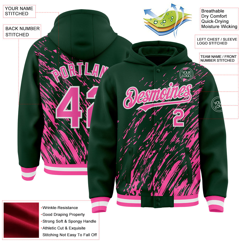 Custom Kelly Green Pink-White 3D Pattern Design Bomber Full-Snap Varsity Letterman Hoodie Jacket