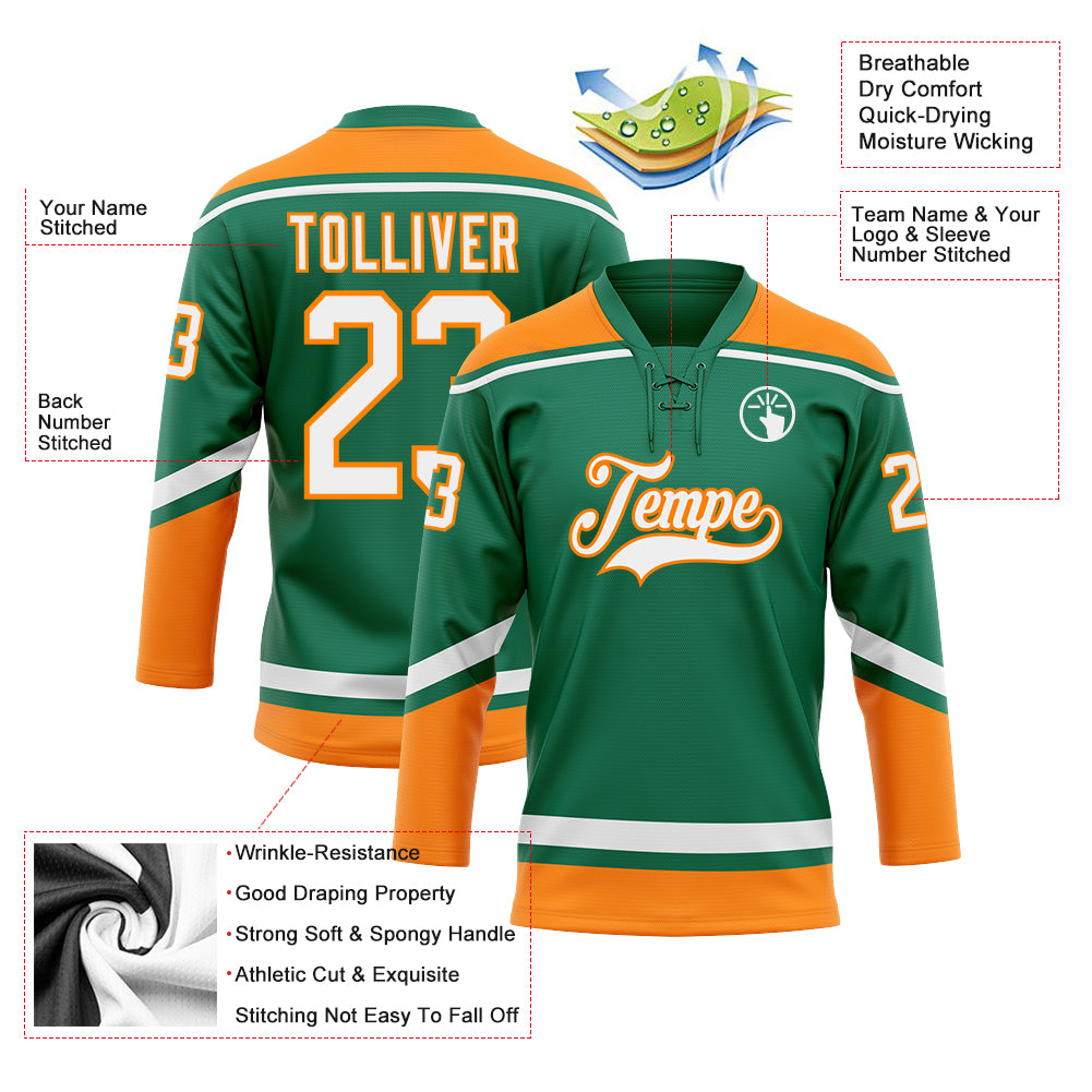 Custom Kelly Green White-Bay Orange Hockey Lace Neck Jersey