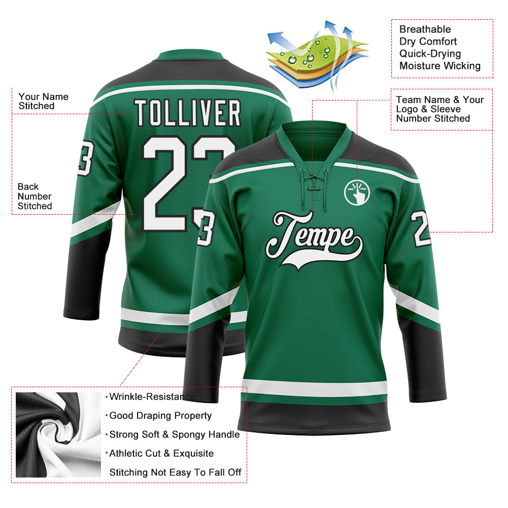 Custom Kelly Green White-Black Hockey Lace Neck Jersey