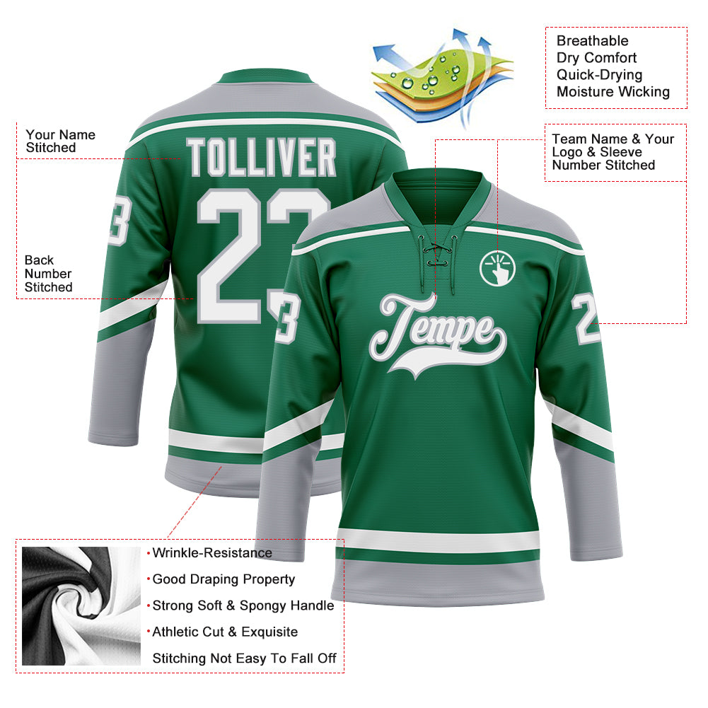 Custom Kelly Green White-Gray Hockey Lace Neck Jersey