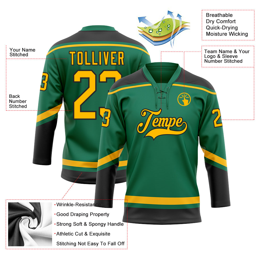 Custom Kelly Green Gold-Black Hockey Lace Neck Jersey