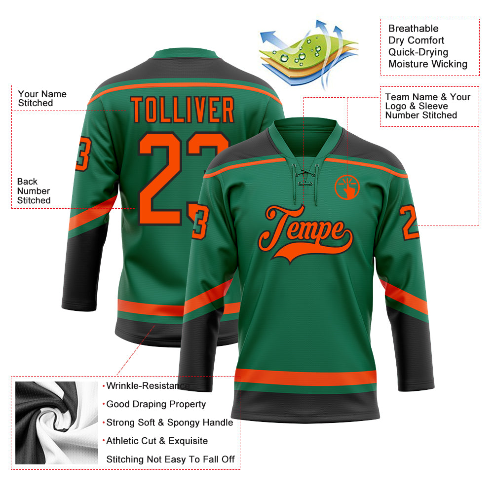 Custom Kelly Green Orange-Black Hockey Lace Neck Jersey