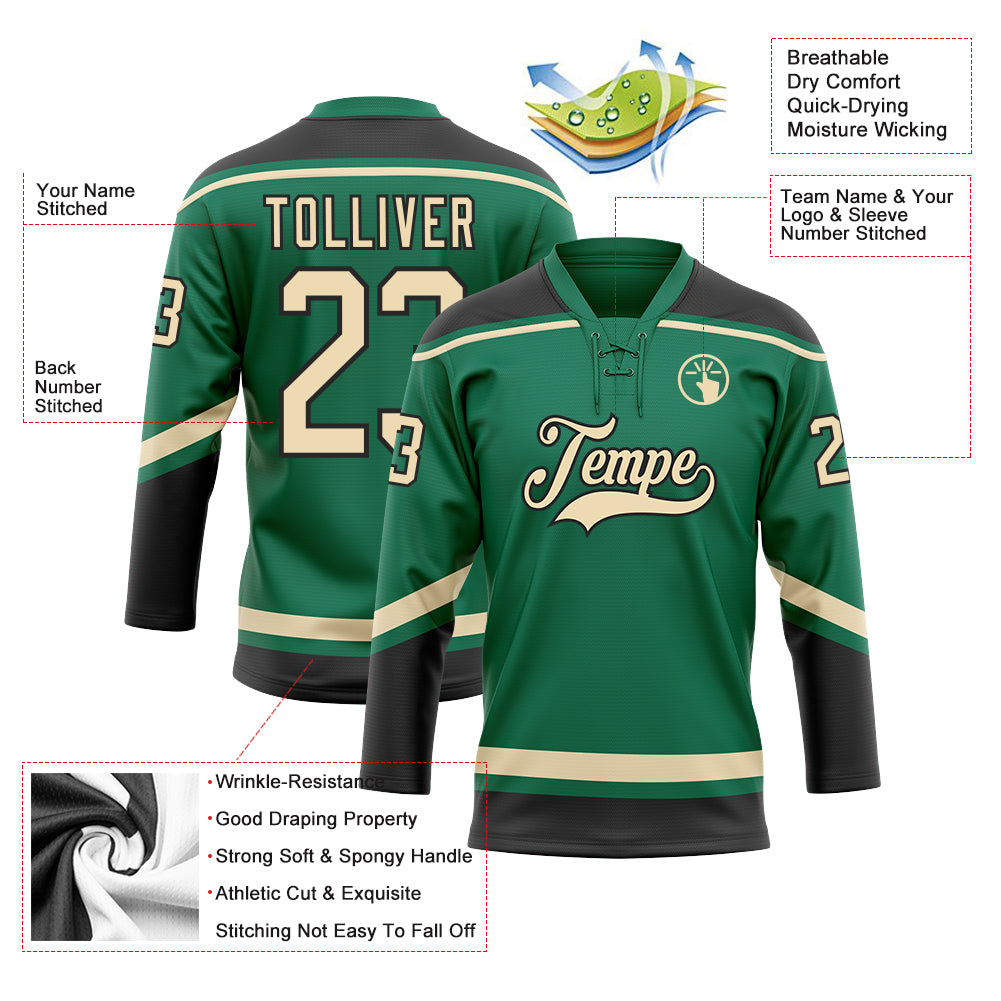 Custom Kelly Green City Cream-Black Hockey Lace Neck Jersey