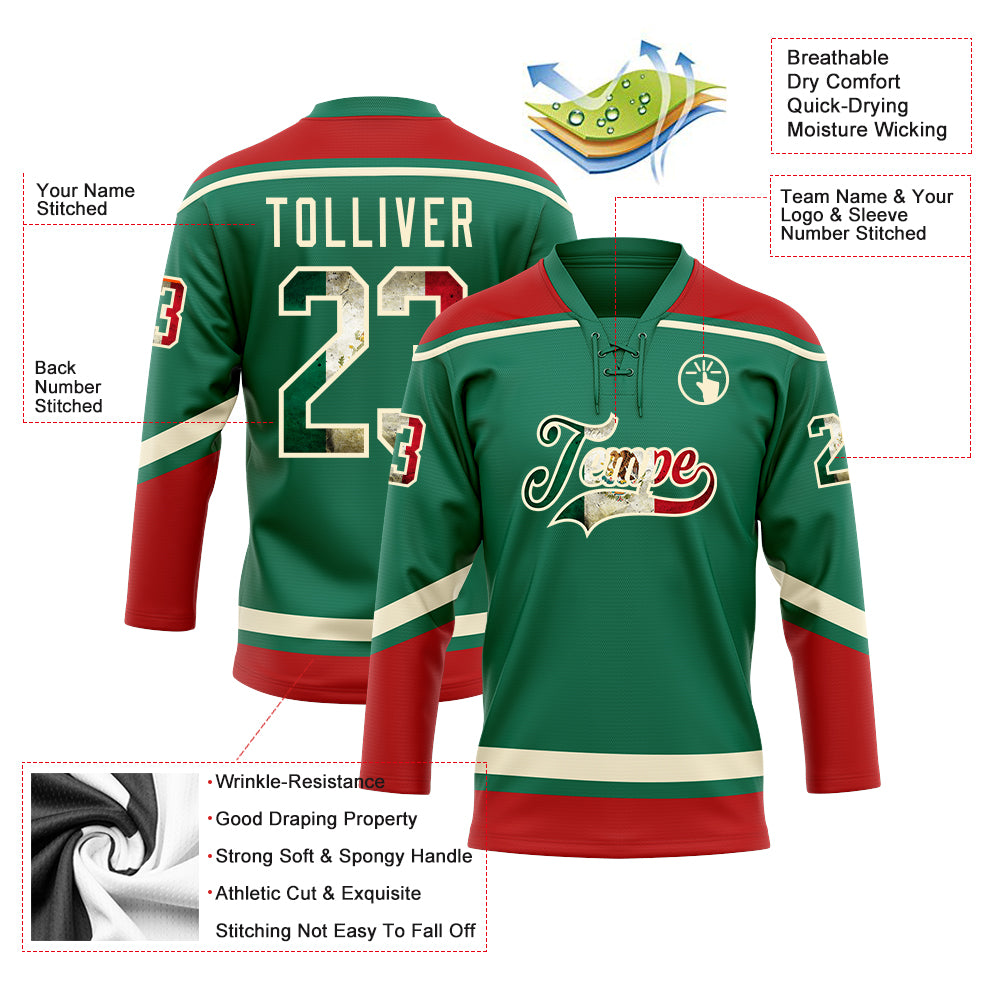 Custom Kelly Green Vintage Mexican Flag Cream-Red Hockey Lace Neck Jersey