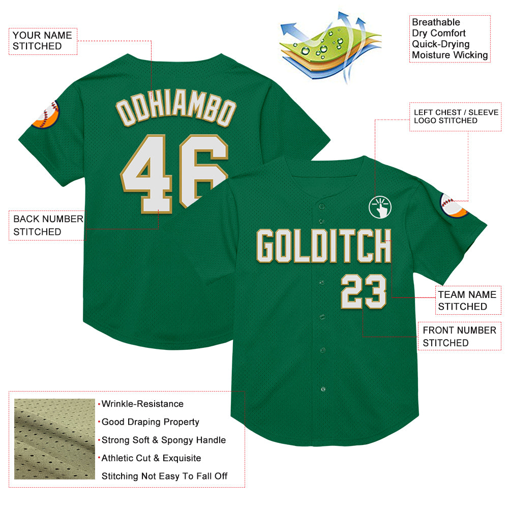 Custom Kelly Green White-Old Gold Mesh Authentic Throwback Baseball Jersey